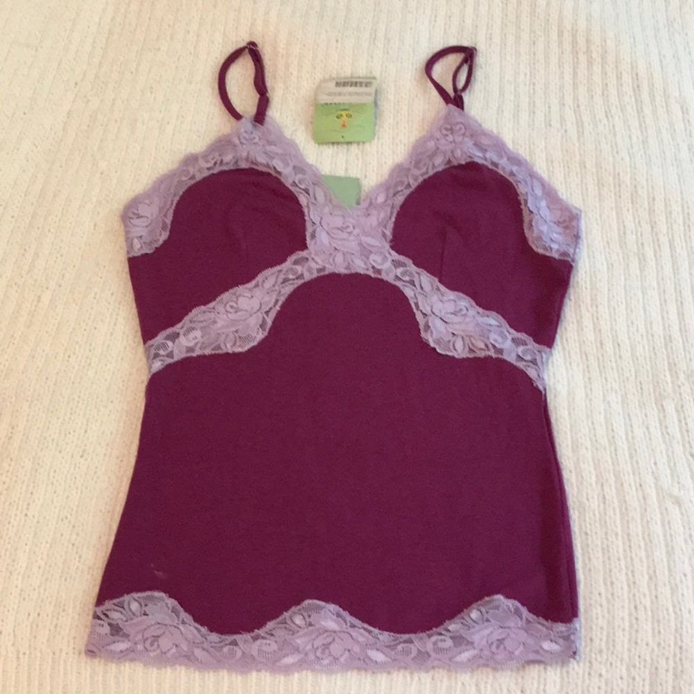 Mary Green cotton spaghetti strap camisole. Magenta with light purple lace.